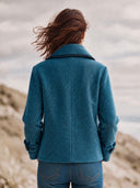 Women’s American Retro Casual Style Teal Blue Herringbone Tweed Double-Breasted Cropped Pea Jacket With Contrast Piping ZMZ1697J9ZYY