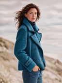 Women’s American Retro Casual Style Teal Blue Herringbone Tweed Double-Breasted Cropped Pea Jacket With Contrast Piping ZMZ1697J9ZYY