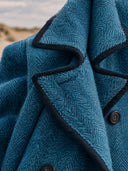 Women’s American Retro Casual Style Teal Blue Herringbone Tweed Double-Breasted Cropped Pea Jacket With Contrast Piping ZMZ1697J9ZYY