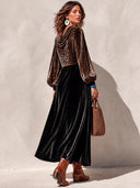Women’s American-Style Vintage Elegance Velvet Cowl Neck Leopard Print Patchwork Black Maxi Dress With Long Balloon Sleeves ZMZ1692J7ZYY