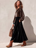 Women’s American-Style Vintage Elegance Velvet Cowl Neck Leopard Print Patchwork Black Maxi Dress With Long Balloon Sleeves ZMZ1692J7ZYY