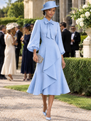 Women's Elegant Light Blue Collared Puff-Sleeve Midi Dress ZMZ1666J4XT