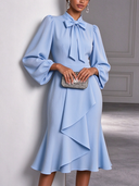 Women's Elegant Light Blue Collared Puff-Sleeve Midi Dress ZMZ1666J4XT