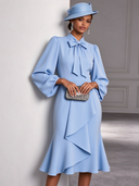 Women's Elegant Light Blue Collared Puff-Sleeve Midi Dress ZMZ1666J4XT