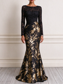 Women's Black Long-Sleeve Printed Lace Mermaid Evening Gown ZMZ1631J4XT