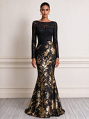 Women's Black Long-Sleeve Printed Lace Mermaid Evening Gown ZMZ1631J4XT