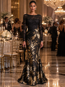 Women's Black Long-Sleeve Printed Lace Mermaid Evening Gown ZMZ1631J4XT