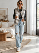Women's Retro Casual Plush Striped Stand Collar Single-Breasted Sleeveless Vest ZMZ1683J6ZJY