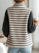 Women's Retro Casual Plush Striped Stand Collar Single-Breasted Sleeveless Vest ZMZ1683J6ZJY