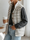 Women's Retro Casual Plush Striped Stand Collar Single-Breasted Sleeveless Vest ZMZ1683J6ZJY
