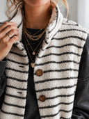 Women's Retro Casual Plush Striped Stand Collar Single-Breasted Sleeveless Vest ZMZ1683J6ZJY
