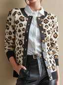 Women's Retro Casual Leopard Print Knitted Patchwork PU Jacquard Collarless Long-Sleeve Cardigan ZMZ1691J4ZJY