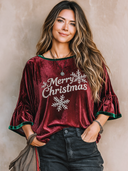 Women's Retro Casual Velvet Color Block Christmas Rhinestone Sparkling Pullover Three-Quarter Sleeve Ruffle Top ZMZ1606J9ZJY