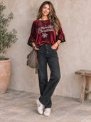 Women's Retro Casual Velvet Color Block Christmas Rhinestone Sparkling Pullover Three-Quarter Sleeve Ruffle Top ZMZ1606J9ZJY