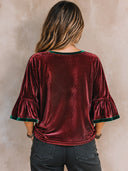 Women's Retro Casual Velvet Color Block Christmas Rhinestone Sparkling Pullover Three-Quarter Sleeve Ruffle Top ZMZ1606J9ZJY