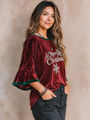 Women's Retro Casual Velvet Color Block Christmas Rhinestone Sparkling Pullover Three-Quarter Sleeve Ruffle Top ZMZ1606J9ZJY