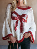 Women's Retro Casual Knitted Christmas Sequin Bow Round Neck Pullover Flared Sleeve Sweater ZMZ1676J1ZJY