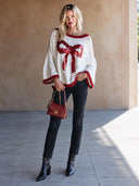 Women's Retro Casual Knitted Christmas Sequin Bow Round Neck Pullover Flared Sleeve Sweater ZMZ1676J1ZJY