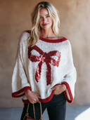 Women's Retro Casual Knitted Christmas Sequin Bow Round Neck Pullover Flared Sleeve Sweater ZMZ1676J1ZJY