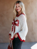 Women's Retro Casual Knitted Christmas Sequin Bow Round Neck Pullover Flared Sleeve Sweater ZMZ1676J1ZJY