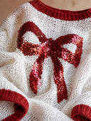 Women's Retro Casual Knitted Christmas Sequin Bow Round Neck Pullover Flared Sleeve Sweater ZMZ1676J1ZJY