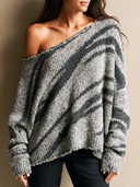 Women’s Vintage-Style Casual Zebra-Print Off-Shoulder Loose-Fit Knitted Pullover Sweater ZMZ1693J2ZJY
