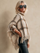 Women’s Vintage-Style Casual Knitted Plaid Tassel Turtleneck Pullover Cape-Style Sweater ZMZ1629J7ZJY