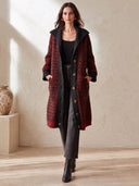 Women's Long Knit Cardigan Coat With Shawl Collar, Red And Black Stripes ZMZ1694J4YZH