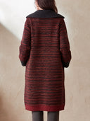 Women's Long Knit Cardigan Coat With Shawl Collar, Red And Black Stripes ZMZ1694J4YZH