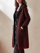 Women's Long Knit Cardigan Coat With Shawl Collar, Red And Black Stripes ZMZ1694J4YZH