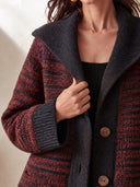Women's Long Knit Cardigan Coat With Shawl Collar, Red And Black Stripes ZMZ1694J4YZH