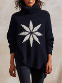 Women's Oversized Navy Turtleneck Sweater With Cream Star Motif – Chunky Ribbed Knit Pullover ZMZ1689J9YZH