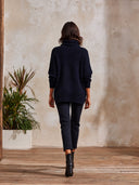 Women's Oversized Navy Turtleneck Sweater With Cream Star Motif – Chunky Ribbed Knit Pullover ZMZ1689J9YZH