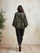 Women's Olive Camo Open-Front Kimono Jacket With Crochet Lace Trim And Batwing Sleeves ZMZ1601J8YZH