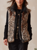 Women's Tiger Stripe Faux Fur Vest With Black Fur Collar, Sleeveless Open-Front Winter Layer ZMZ1666J8YZH