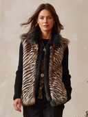 Women's Tiger Stripe Faux Fur Vest With Black Fur Collar, Sleeveless Open-Front Winter Layer ZMZ1666J8YZH