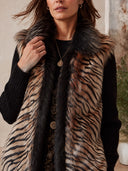 Women's Tiger Stripe Faux Fur Vest With Black Fur Collar, Sleeveless Open-Front Winter Layer ZMZ1666J8YZH