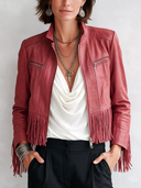 Women's Classic Pink PU Leather Tasseled Zip-Up Jacket ZMZ1620J8SWL