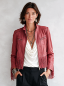 Women's Classic Pink PU Leather Tasseled Zip-Up Jacket ZMZ1620J8SWL