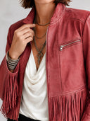 Women's Classic Pink PU Leather Tasseled Zip-Up Jacket ZMZ1620J8SWL