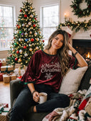 Women's Retro Casual Velvet Color Block Christmas Rhinestone Sparkling Pullover Three-Quarter Sleeve Ruffle Top ZMZ1606J9ZJY