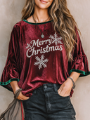 Women's Retro Casual Velvet Color Block Christmas Rhinestone Sparkling Pullover Three-Quarter Sleeve Ruffle Top ZMZ1606J9ZJY