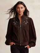 Women's Dark Brown Floral Embroidery Zip-Up Jacket With Stand Collar And Puff Sleeves ZMZ1669J7YZH