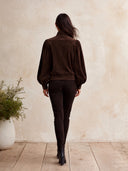 Women's Dark Brown Floral Embroidery Zip-Up Jacket With Stand Collar And Puff Sleeves ZMZ1669J7YZH