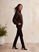 Women's Dark Brown Floral Embroidery Zip-Up Jacket With Stand Collar And Puff Sleeves ZMZ1669J7YZH