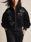 Women's Black Velvet Zip-Up Bomber Jacket With Floral Embroidery And Puff Sleeves ZMZ1654J0YZH