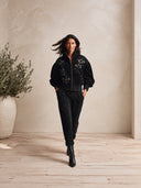 Women's Black Velvet Zip-Up Bomber Jacket With Floral Embroidery And Puff Sleeves ZMZ1654J0YZH