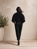 Women's Black Velvet Zip-Up Bomber Jacket With Floral Embroidery And Puff Sleeves ZMZ1654J0YZH