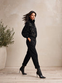 Women's Black Velvet Zip-Up Bomber Jacket With Floral Embroidery And Puff Sleeves ZMZ1654J0YZH