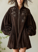 Women's Dark Brown Suede-Look Zip-Front Mini Dress With Floral Embroidery And Balloon Sleeves ZMZ1643J2YZH
